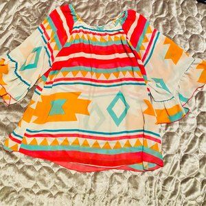 R Rouge Colorful Geometric Peasant Blouse - White/Coral/Turquoise from Cavanders